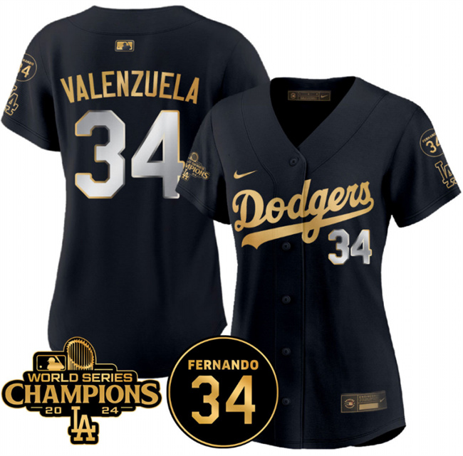 Women's Los Angeles Dodgers #34 Fernando Valenzuela Black/Gold 2024 World Series Champions & Fernando Memorial Patch Limited Stitched Baseball Jersey(Run Small) Women's Los Angeles Dodgers #34 Fernando Valenzuela Black/Gold 2024 World Series Champions & Fernando Memorial Patch Limited Stitched Baseball Jersey(Run Small)